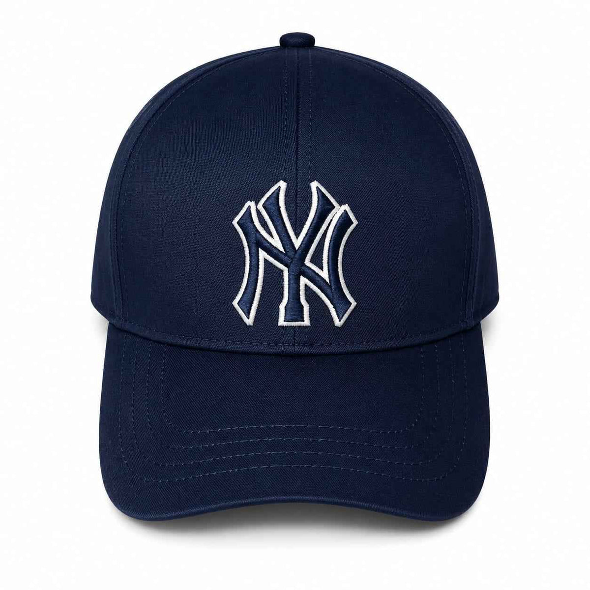 Embroidered NY baseball cap in blue side view