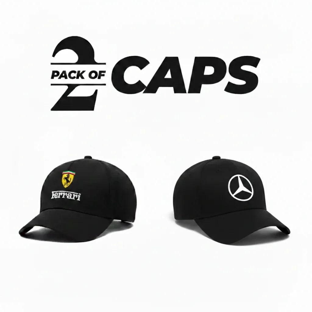 Ferrari and Mercedes pack of 2 embroidered baseball caps bundle view
