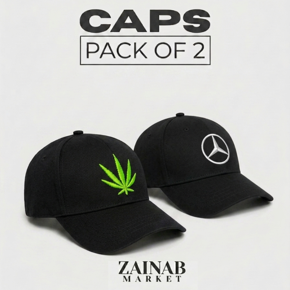 Embroidered Mercedes and leaf pack of 2 baseball caps bundle view 