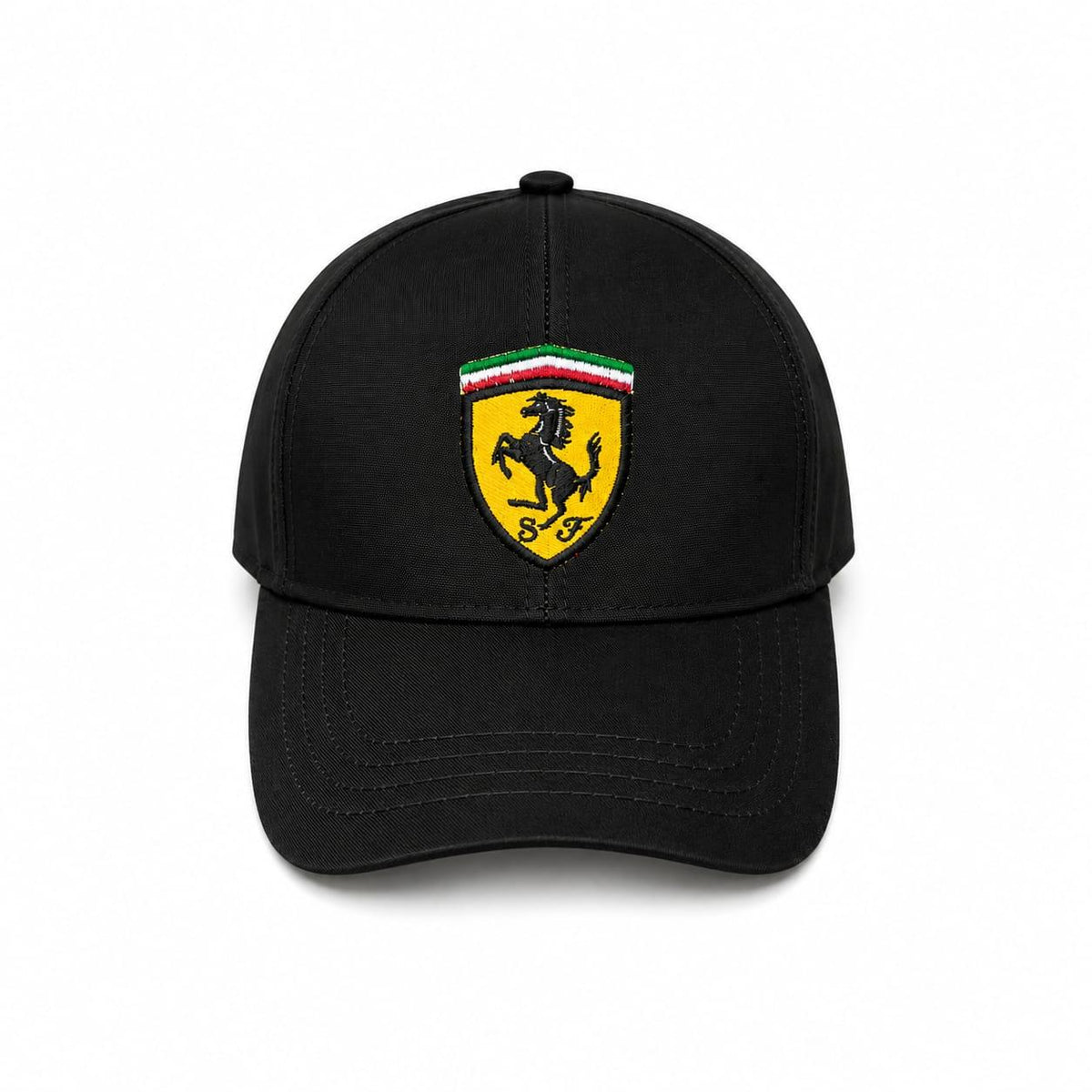Embroidered Ferrari speed baseball cap in black front view 