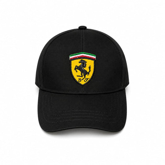 Embroidered Ferrari speed baseball cap in black front view 
