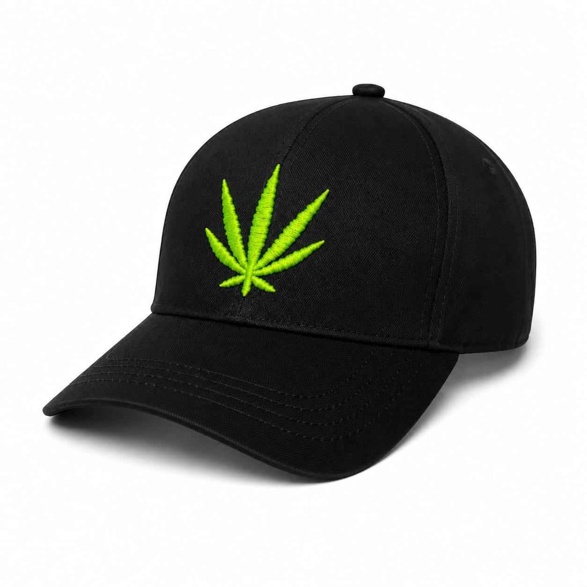 Embroidered green leaf baseball cap in black front view 