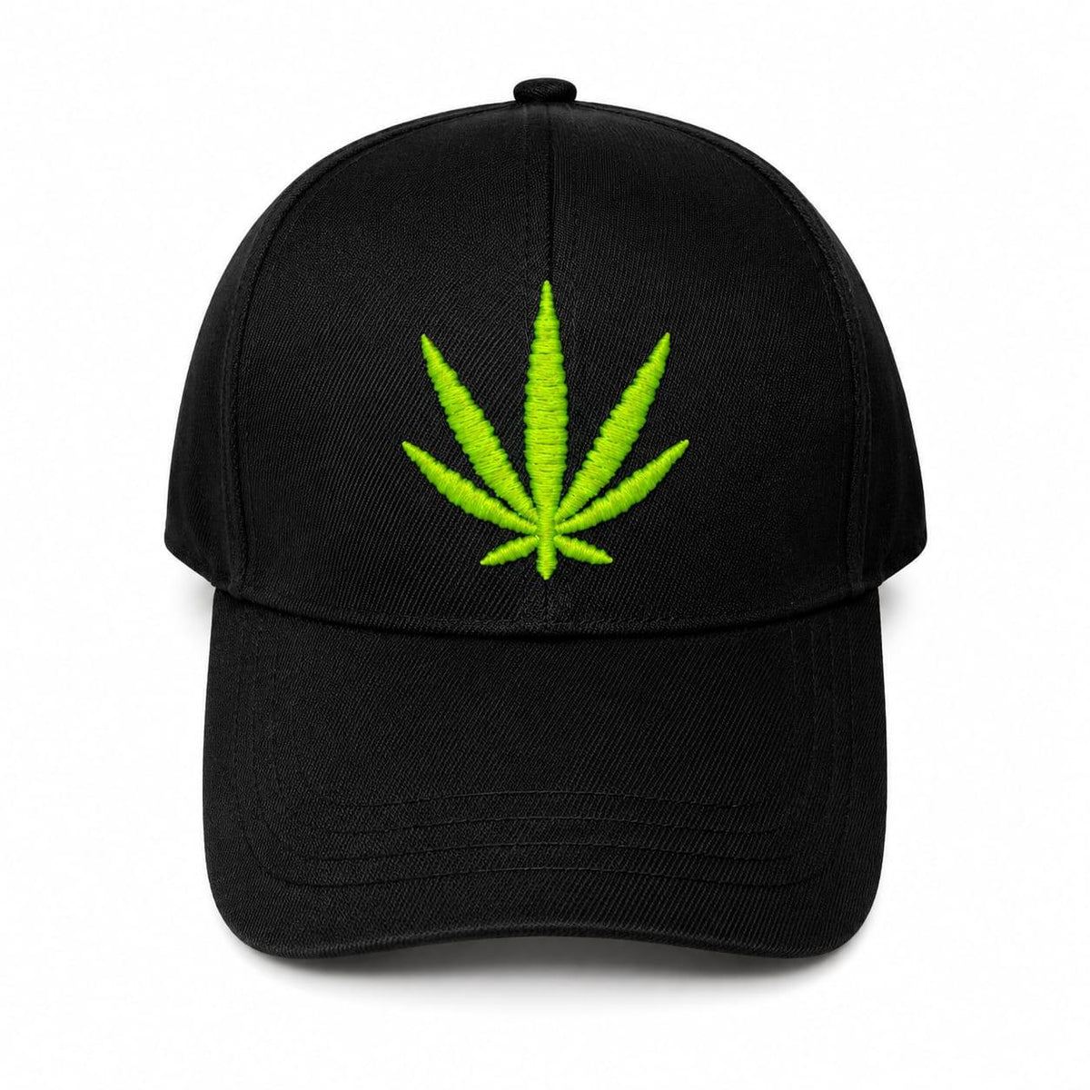 Embroidered green leaf baseball cap in black side view