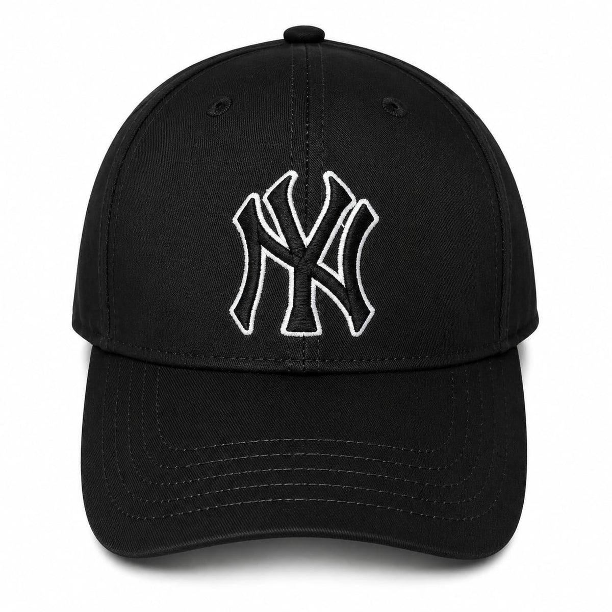 Embroidered NY baseball cap in black front view 