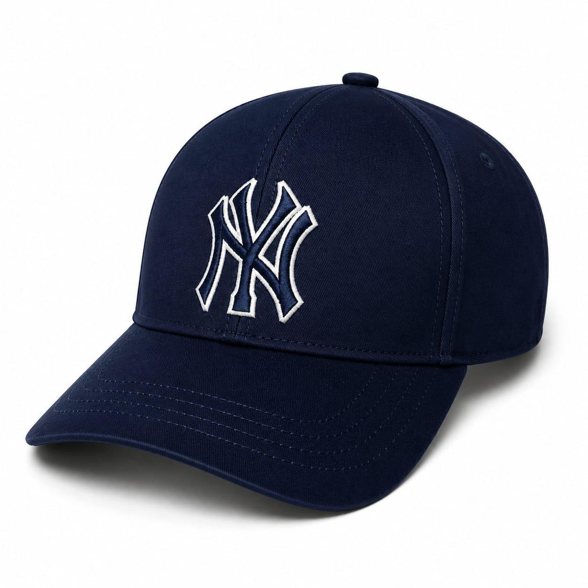 Embroidered NY baseball cap in blue front view 