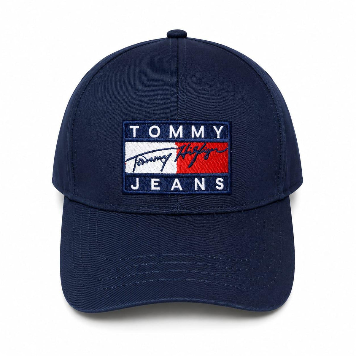 Embroidered Tommy baseball cap in blue front view
