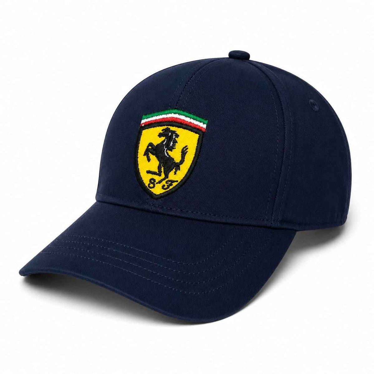 Embroidered Ferrari speed baseball cap in navy blue front view 
