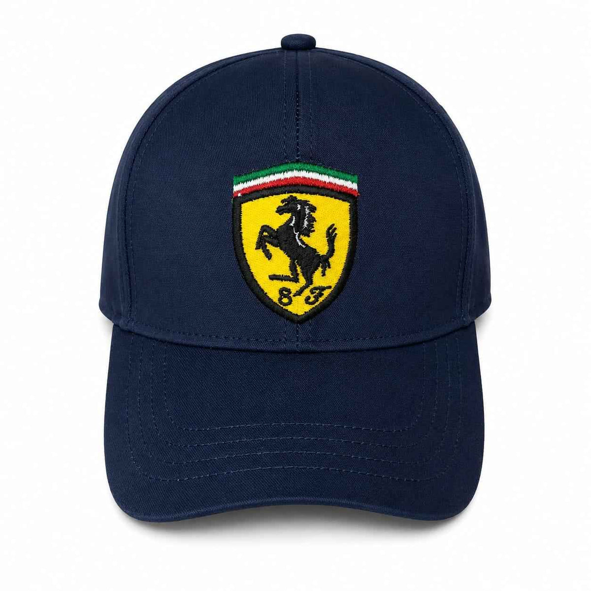 Embroidered Ferrari speed baseball cap in navy blue side view