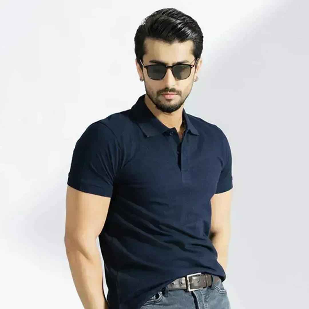 Classic navy blue printed apparel detail view