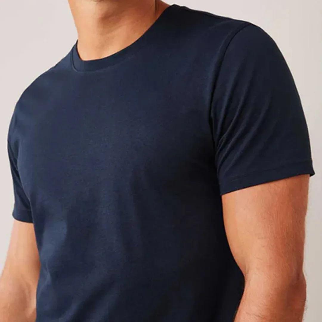 Classic navy blue round neck t-shirt side view 