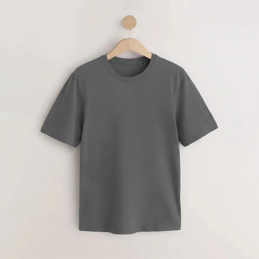 Classic navy blue round neck t-shirt side view 