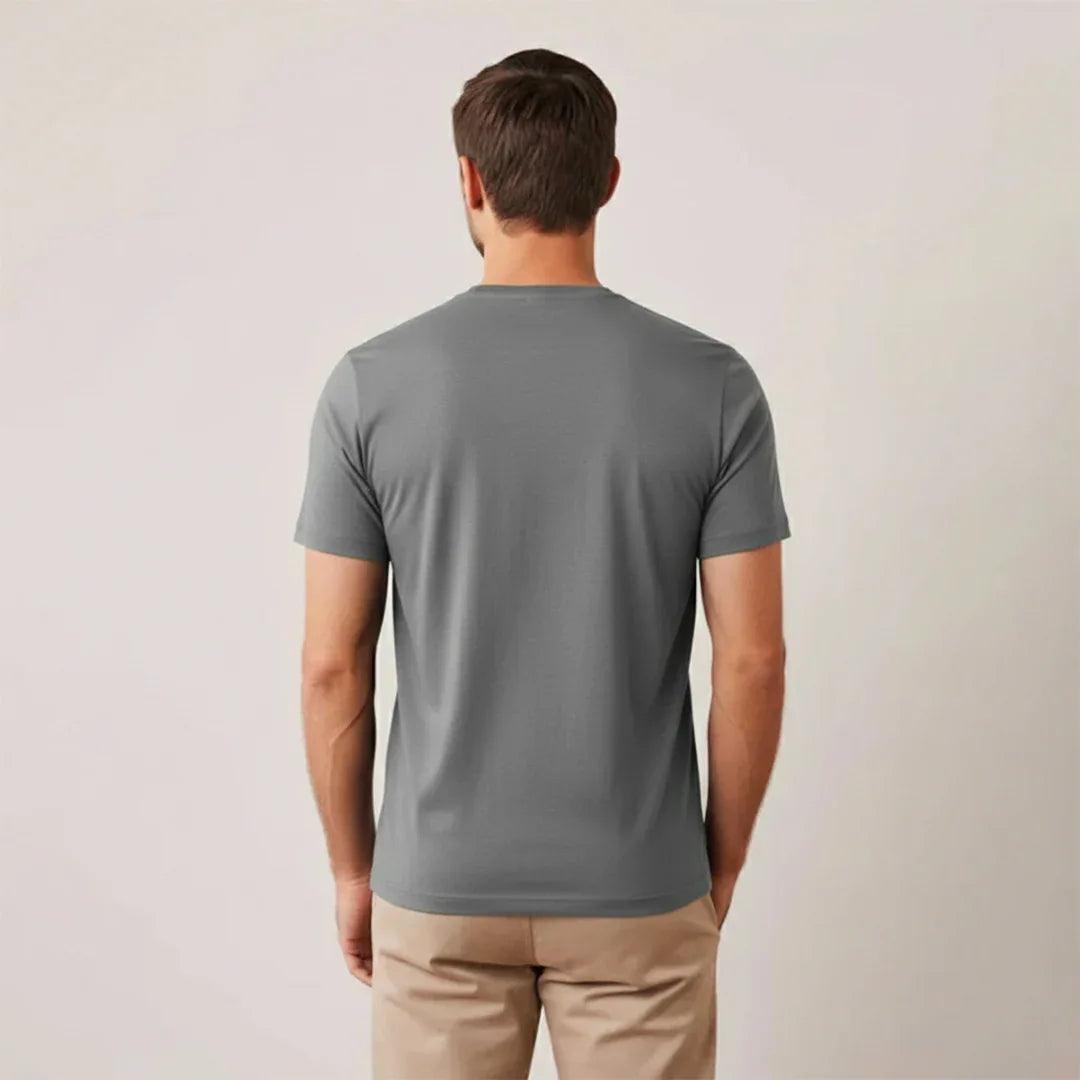 Classic navy blue round neck t-shirt detail view