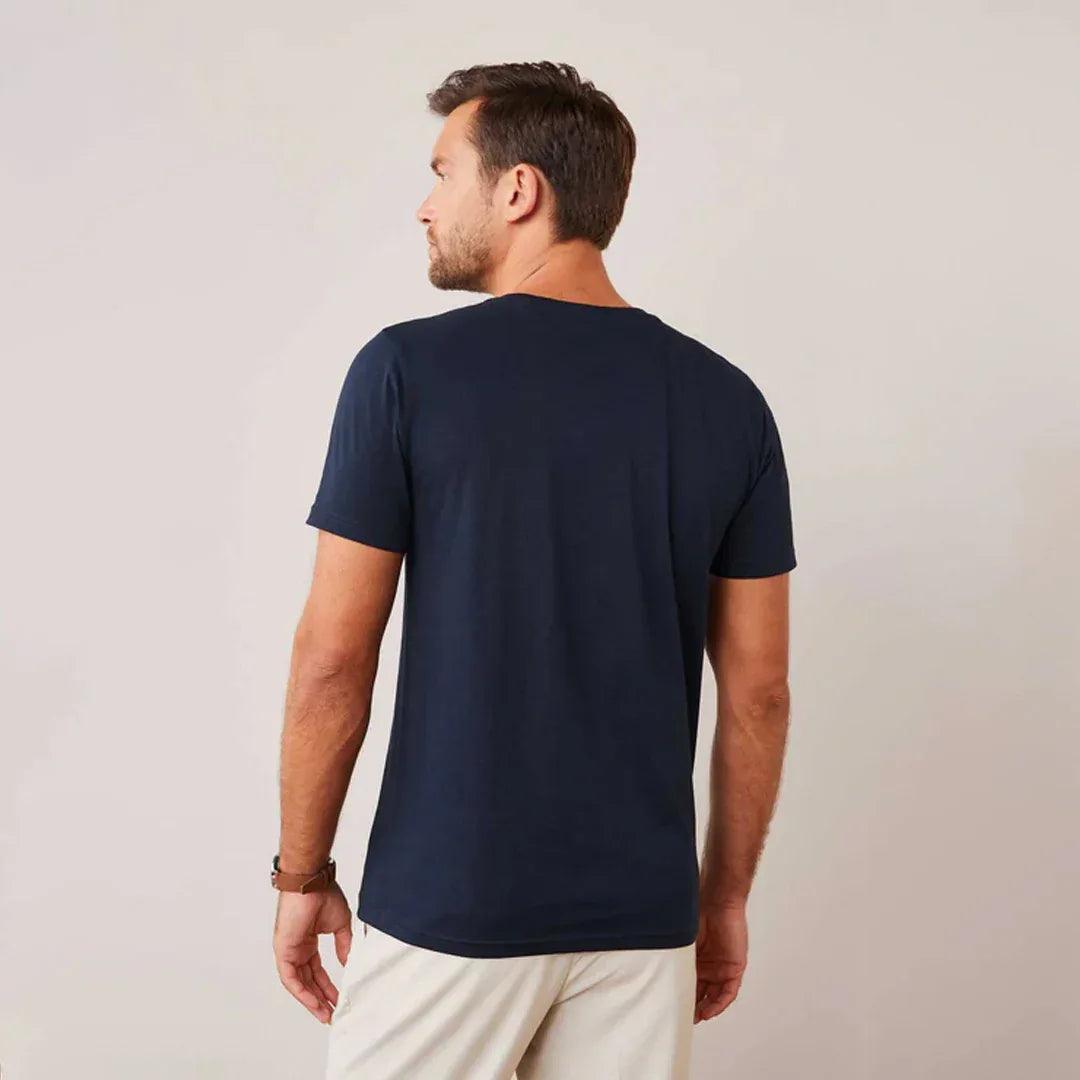 Classic navy blue round neck t-shirt detail view 