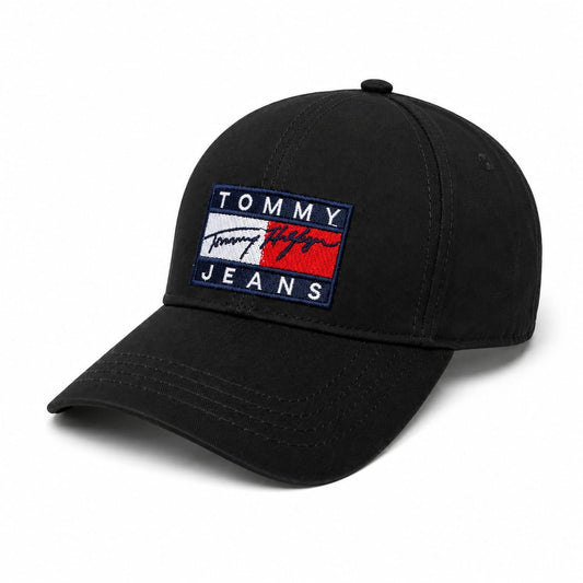Embroidered Tommy baseball cap in black front view 