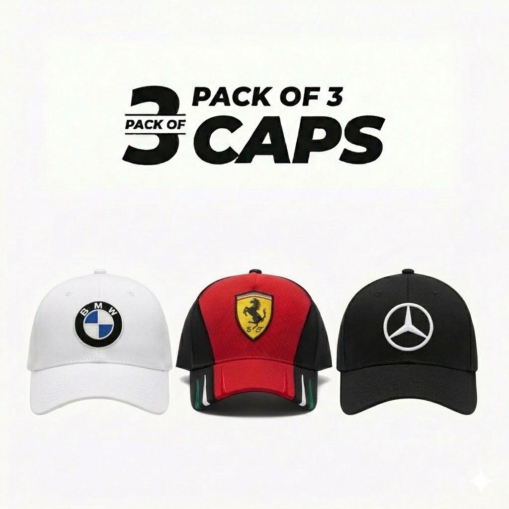 Embroidered motorsport essentials pack of 3 baseball caps bundle view
