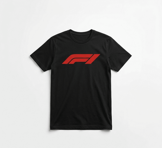 F1 cotton round neck tee in black front view 