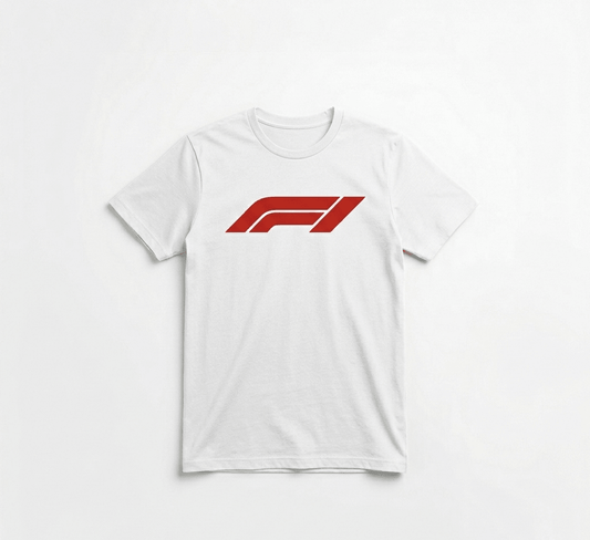 F1 cotton round neck tee in white front view 