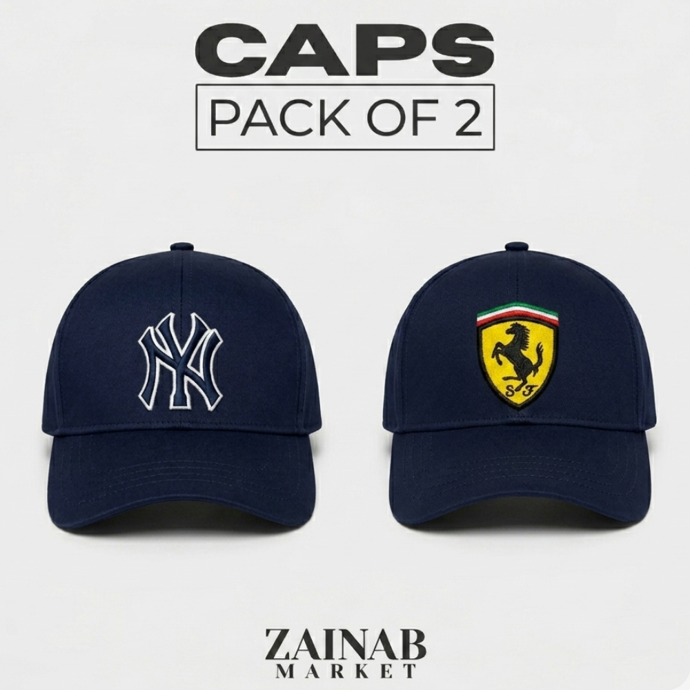 Embroidered NY and Ferrari pack of 2 baseball caps bundle view