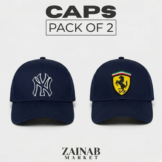 Embroidered NY and Ferrari pack of 2 baseball caps bundle view