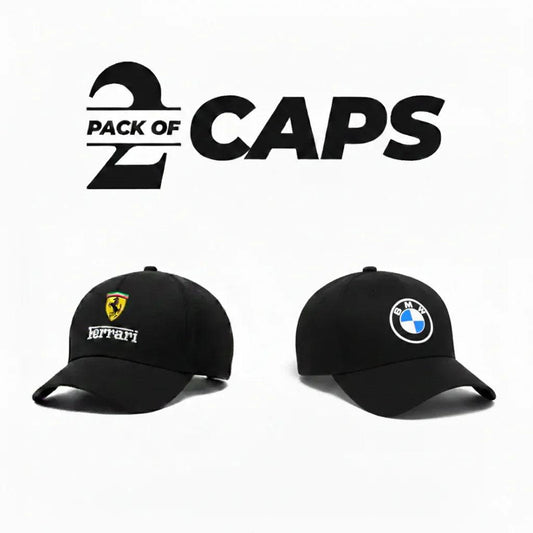 Ferrari and BMW pack of 2 embroidered baseball caps bundle view