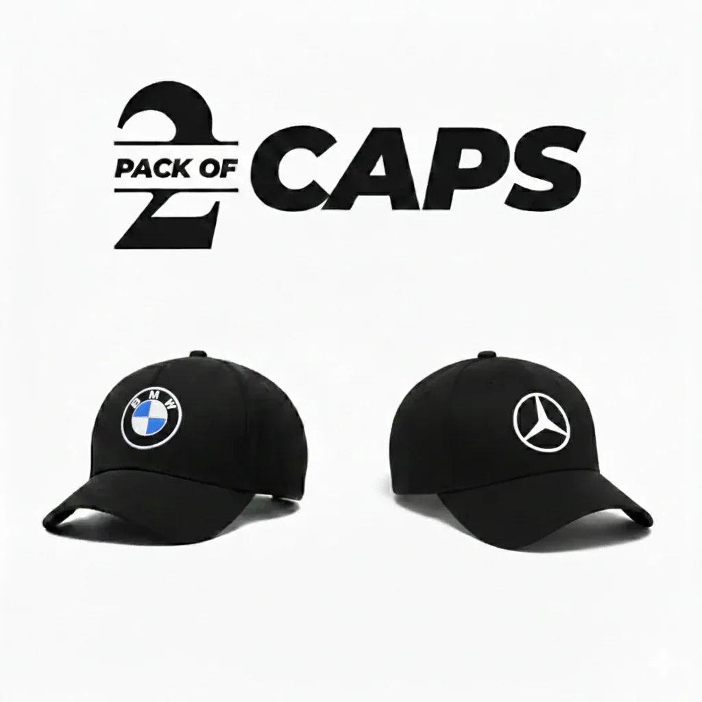 BMW and Mercedes pack of 2 embroidered baseball caps bundle view