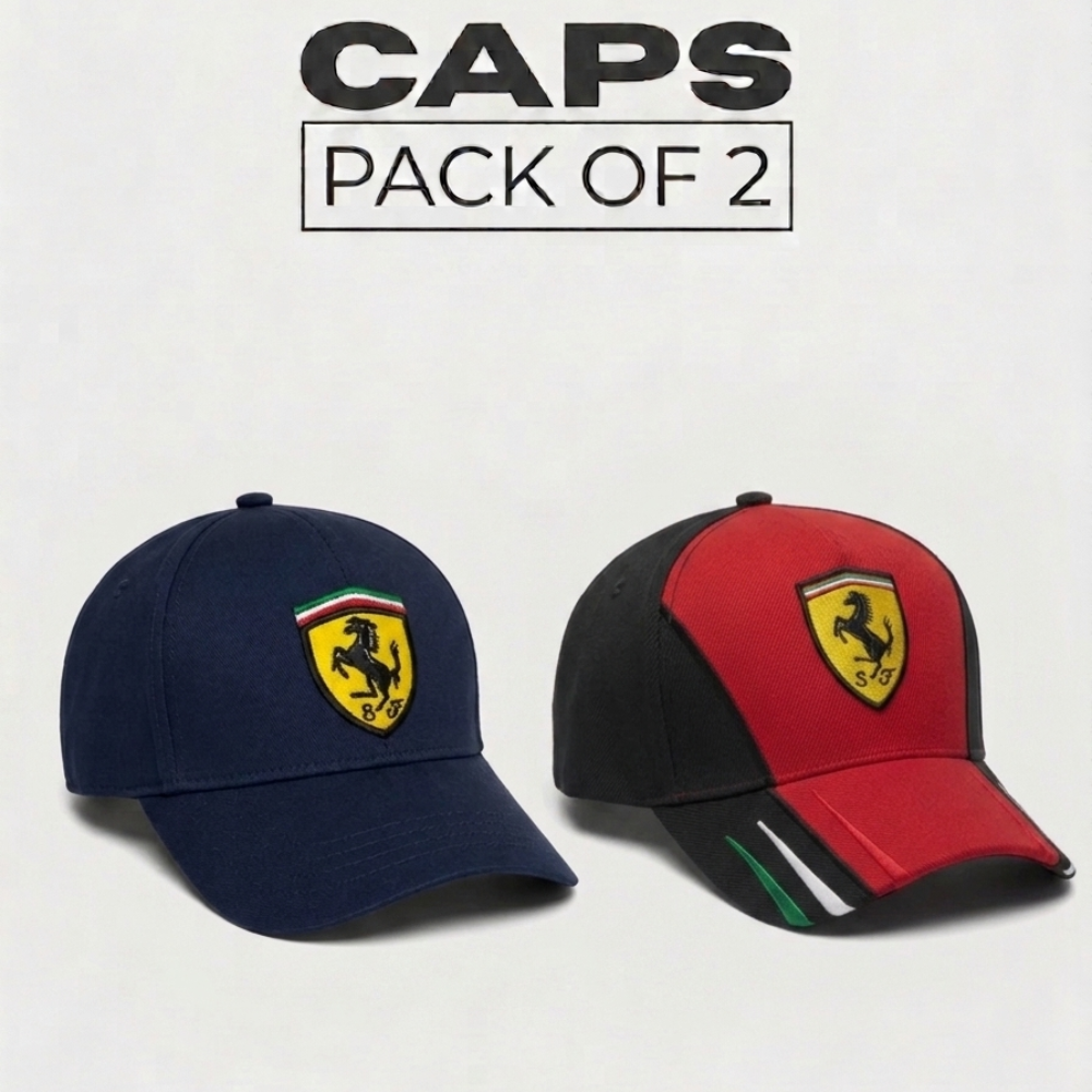 Embroidered red and navy Ferrari pack of 2 baseball caps bundle view 