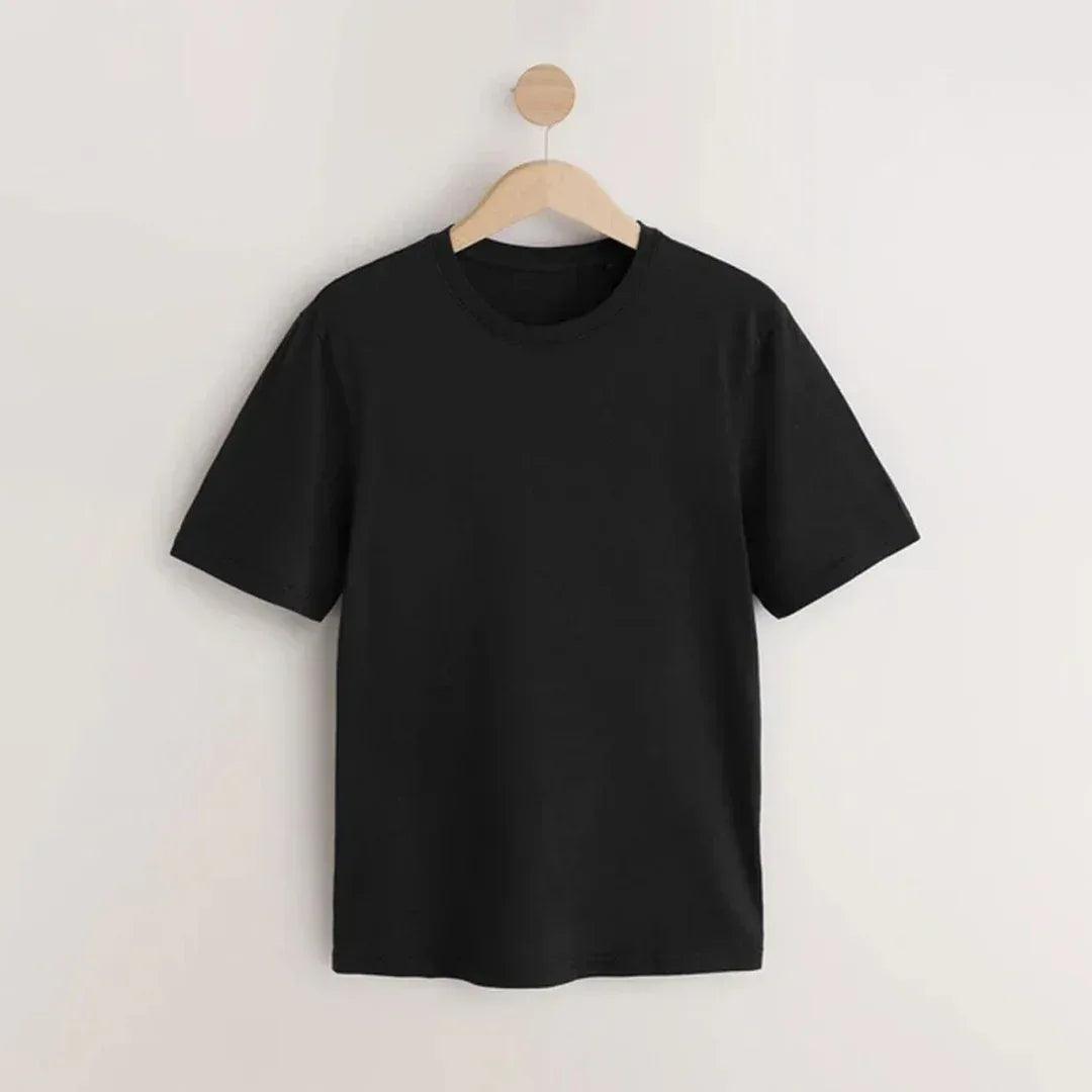 Classic round neck black t-shirt on hanger 