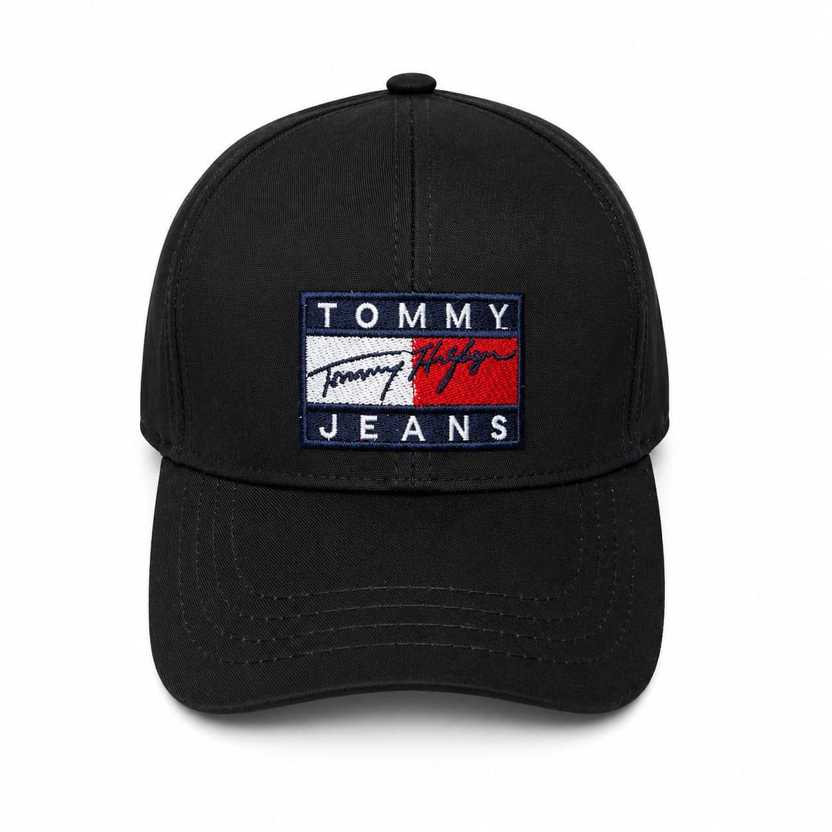 Embroidered Tommy baseball cap in black side view 