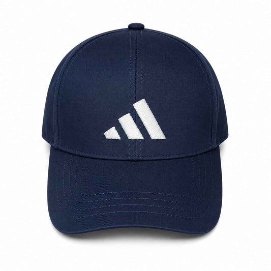 Embroidered Adidas baseball cap in navy blue front view 